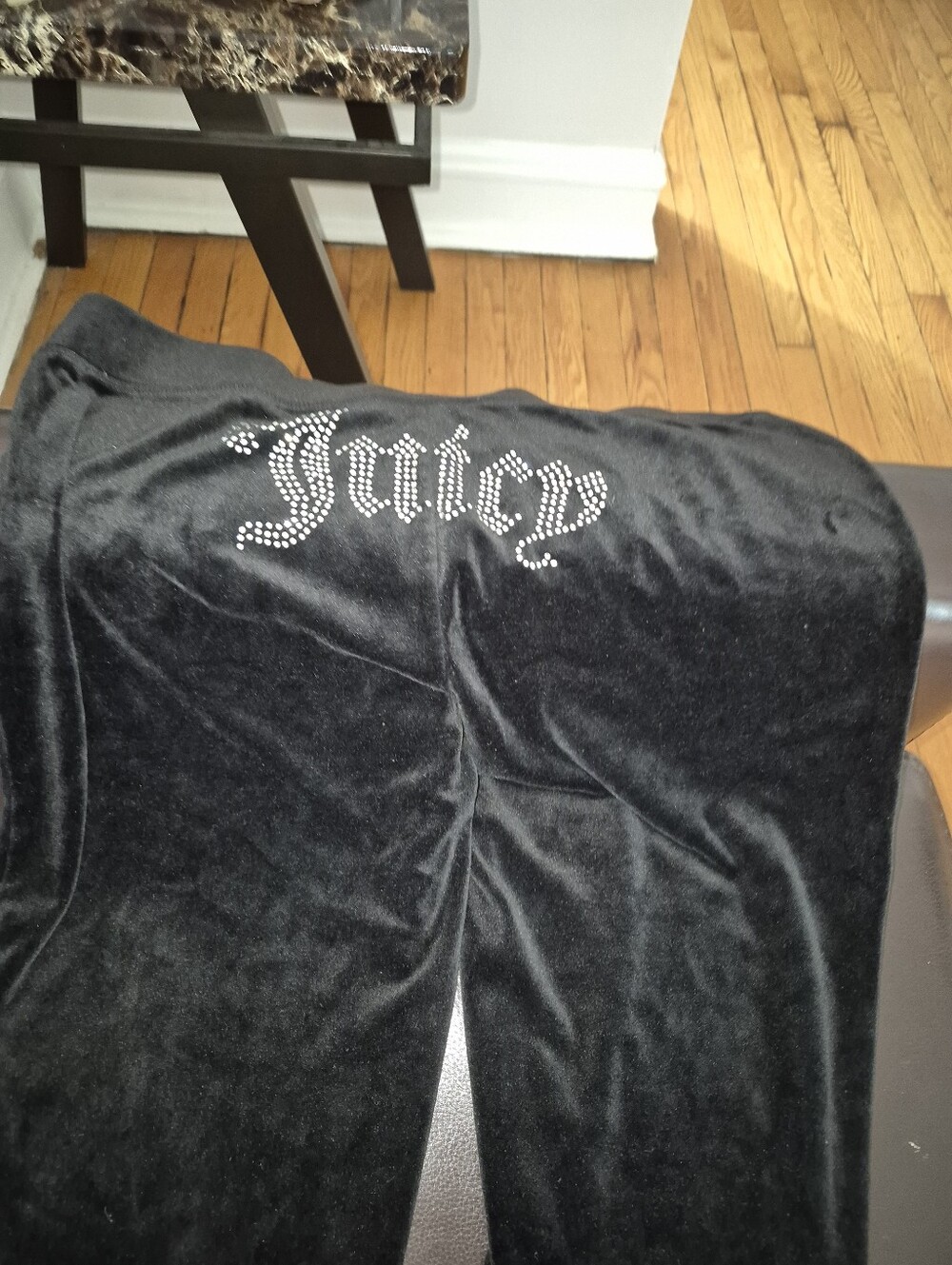 Y2K Juicy Couture Black Velour Logo Pants with Rhinestones